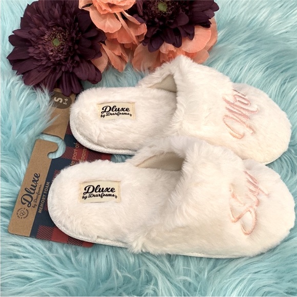 Women’s Slippers cream & Pink Dluxe Dearfoam Super Mom Slip Ons SML 5-6 NEW! - Picture 6 of 7
